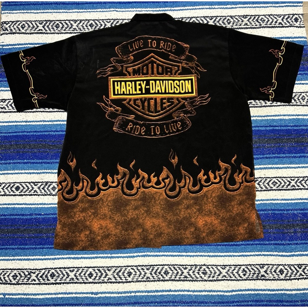 Vintage Harley Davidson Live to Ride Ride to Live Flames Button Shirt Size 2XL